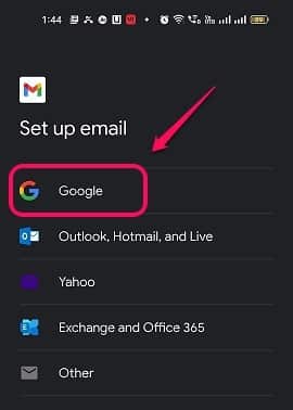 Click on setup email Google option