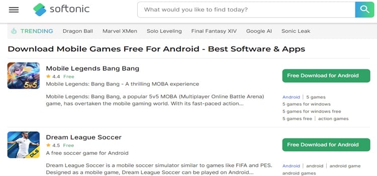 Softonic free android mobile games download site