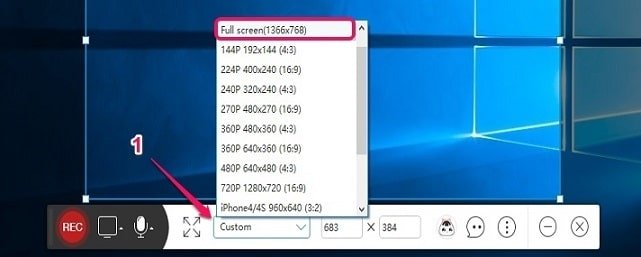 Select screen record size 