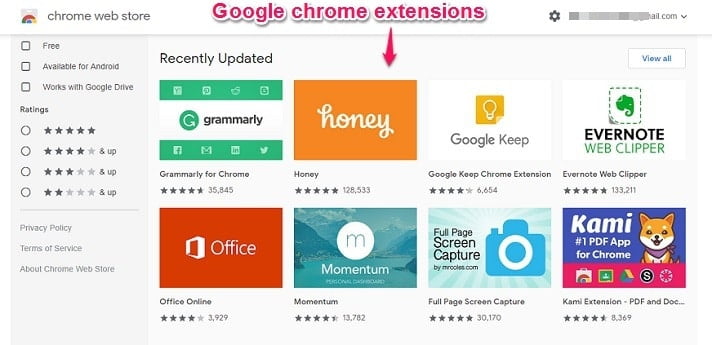 Chrome extensions page 