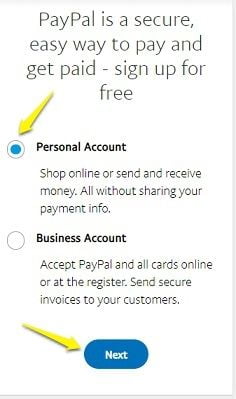 Select PayPal account type