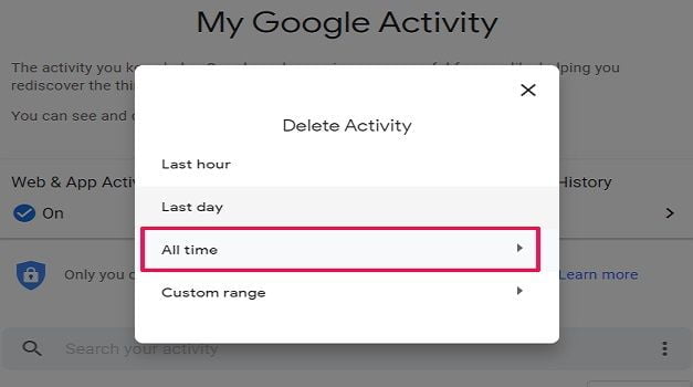 Select history duration to delete