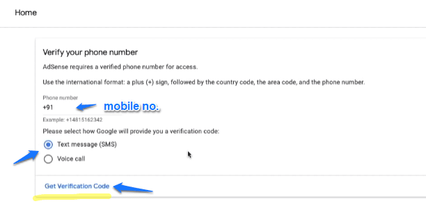 Verify mobile number in adsense