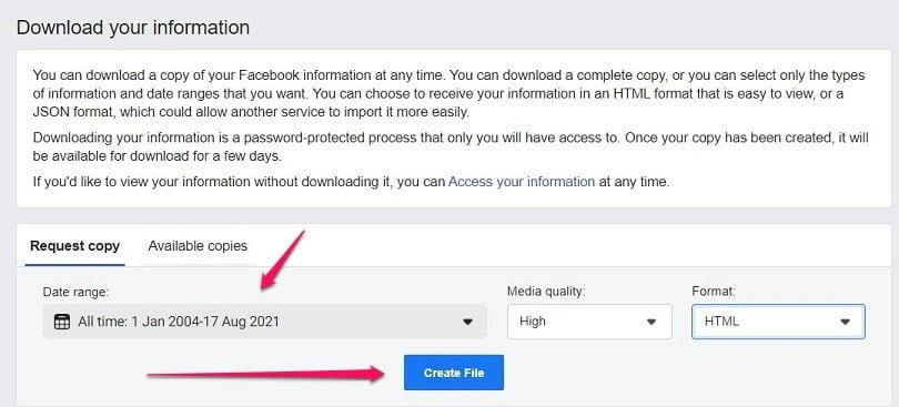 Create Facebook information download file