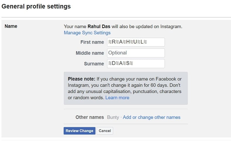 Change Facebook stylish name