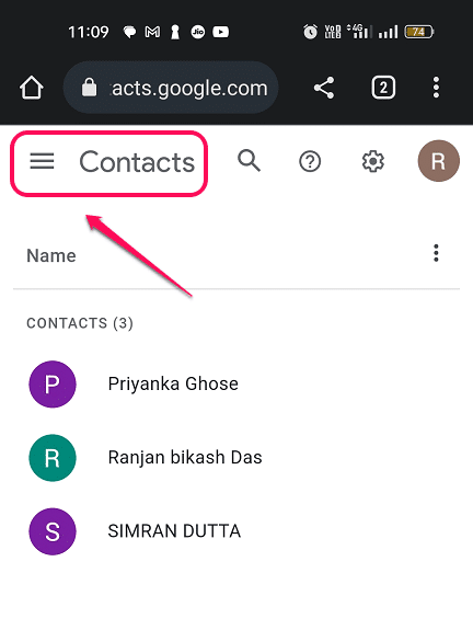 Google contacts home page