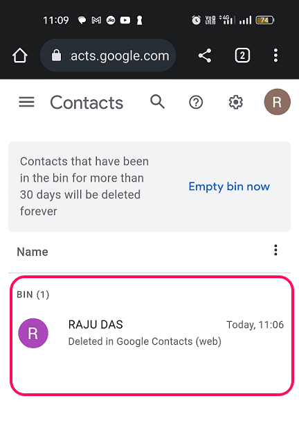Recover deleted contact number from bin