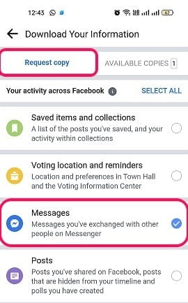 Request a copy select messages