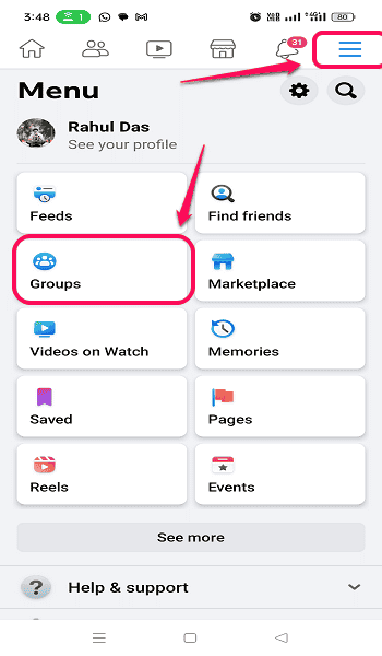 Go to menu and groups option