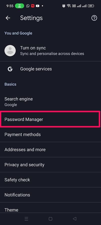 Click on password manager option