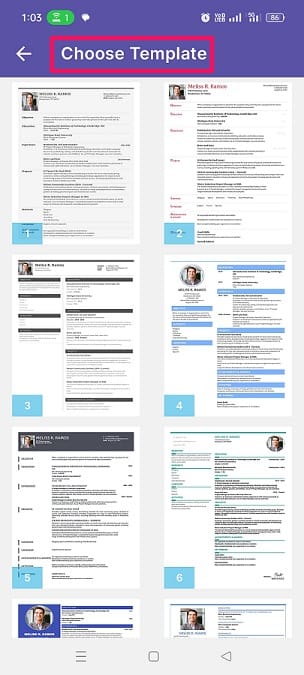 Select templates for resume