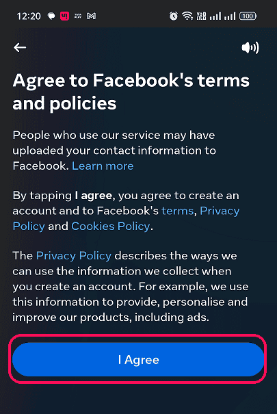 Agree Facebook terms and policies