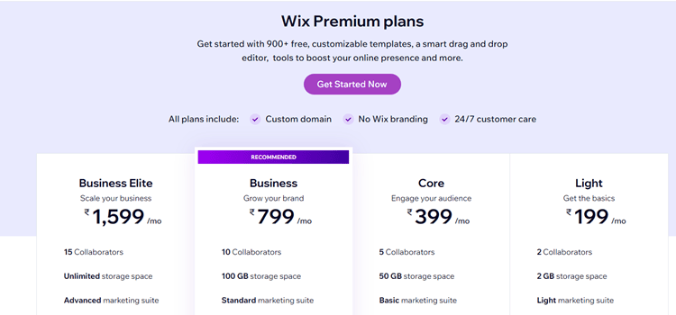 WIX premium plan pricing